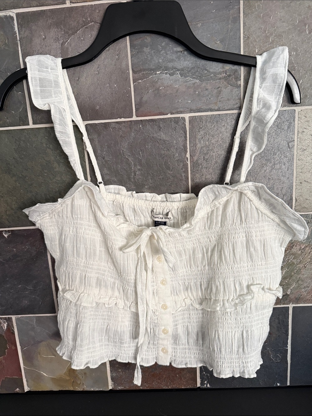 American Eagle White Boho Ruffled Button-Front Cropped Tank Top